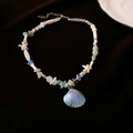 Ocean themed necklace with seashell starfish and colorful acrylic pearls for women - Blue Iridescent Scallop Pendant Beaded Necklace