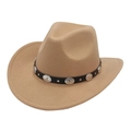 Tan felt western cowboy hat featuring a black decorative band and silver metal studs - M (56-58cm) / Ethnic Metal Decoration / Camel