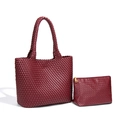 Burgundy woven leather tote bag with matching zipper pouch two-piece luxury set - Ancorra Red