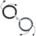 Bracelets de couple avec cœur magnétique, perles en agate noire mate et pierres bleues - Pierre Mate + Agate Vieillie Grise