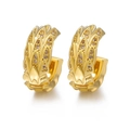 Golden C-shaped hoop earrings with leaf texture and cubic zirconia pavé setting - 18-Gold 3D Leaf Huggie / Gold
