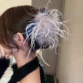 Detail view of the soft faux ostrich feather claw clip in an elegant light grey-purple hue - Khaki Feather Hair Claw (23#)