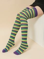 Chaussettes hautes rayées violettes, vertes et jaunes pour costume de fête d'Halloween - Chaussettes rayées bleu vert violet