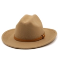 Classic camel wool fedora hat with a decorative brown embossed leather belt for autumn - M (56-58cm) / Camel