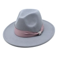 Close-up of wool fedora hat featuring a dusty purple felt finish and rhinestone buckle - Light Gray