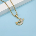 Gold-plated crescent moon and star necklace with white rhinestones on twist chain - Gold Star Moon Arrow with Rhinestones