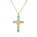 Collier croix religieuse dorée avec pierres bleu clair et médaille de la Vierge Marie - Bleu lac