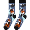 Detail of navy blue knit socks featuring orange cartoon fox patterns and ribbed cuffs - A1974-Dark Blue Fox