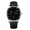 Close-up of Geneva watch with black dial, silver case, leather strap and date display - Black Strap Silver Case Black Dial