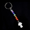 Rainbow crystal beads and white mushroom pendant keychain with polished metal ring - White Crystal