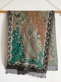Detailed view of paisley and floral patterns on an ethnic style pashmina shawl with black tassels - 70*180cm / T141-01 Dark Green Brown