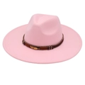 Detail of pink wide brim fedora hat featuring woven band and golden feather pendant - Adult (57-60cm) / Pink Heart (Gold Feather)