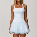 Women's light blue backless yoga dress set with mesh skirt and tight bodice - S / Top And Bottom / Vest + Skirt (2033) / Phantom Blue