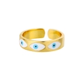 Adjustable golden open ring featuring an intricate blue and white evil eye design - White Enamel Blue Evil Eye-Wide Style / Gold-JZ2643G-1