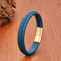 Blue braided leather bracelet with golden magnetic clasp on rustic wooden surface - 19cm / Blue/Gold Clasp