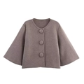 Taupe knit cardigan for women with elegant round neck and large fabric buttons - S / Khaki