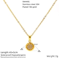 Détail du pendentif en zircon rond de 9mm sur une chaîne en acier inoxydable plaqué or 18k - Style Disque (SN449G)
