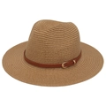 Classic straw Panama hat with slim brown leather belt buckle on white background - Khaki