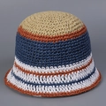 Close-up detail of handmade striped straw bucket hat for women showing breathable weave - M (56-58cm) / Blue