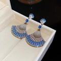 Elegant fan-shaped silver earrings with blue and white zircon stones in a jewelry gift box - Classic Fan-Shaped Diamond Earrings (90#) / Silver-Blue
