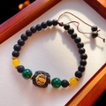 Ethnic black agate beaded bracelet with carved golden inlay and red gemstone detail - Bat Bead Sunken Treasure Bracelet (1055-2#)