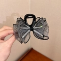 Elegant black bow hair claw clip with sparkling white rhinestones and fabric details - Polka Dot Bow-Grey Claw Clip 8CM