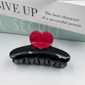Black 8.3cm hair claw clip featuring glossy finish and red heart pattern decoration - Black (D16-4-11)