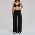 Black yoga set with V-neck sports bra and crossover high waist wide leg pants - S / Premium Black