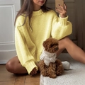 Women's casual yellow crewneck knit sweater in a loose fit, warm and cozy style - M / Yellow
