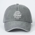 Adjustable washed grey denim baseball cap with white Christ biblical scripture printing - Adjustable / Gray