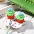 Set of two miniature resin cupcakes with blue heart and green frosting for DIY crafts - 1.5x1.5cm / Orange Base with Heart