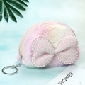 Detail view of plush pink gradient coin purse with soft bow and silver keychain hook - Butterfly Style-Pink Edging