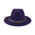 Detail of purple wool fedora featuring ethnic colorful beaded band and woven texture - 58cm / Purple