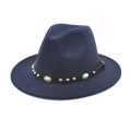 Chapeau fedora bleu marine en laine avec perles turquoise et clous argentés bohèmes - Bleu marine
