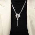 Silver woven titanium steel necklace with sparkling crystal encrusted geometric pendant - Mesh Tassel Round Snake Head Necklace (P392) / Silver