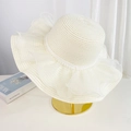 Elegant white straw sun hat with organza ruffles and pearl beads for summer travel - Off-white Pearl Mesh