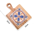 Wooden ceramic coaster with handle and blue floral tile pattern, 20x14cm size guide - Acacia Wood Style 2