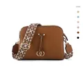 Brown litchi grain crossbody bag featuring a colorful ethnic wide shoulder strap - Brown