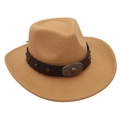 Detail of camel wool felt cowboy hat with leather band and metal bull head buckle - One Size / Camel