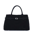 Chic black faux suede tote bag with silver square buckle strap and single top handle - Black