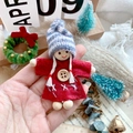 Handmade Christmas felt doll ornament with red dress and blue striped knit hat - Blue White Striped Hat Red Dress Wood Button Doll (A37)