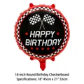Racing themed 18 inch checkered flag Happy Birthday round foil balloon in red and black - 18-inch Happy Birthday Checkered Round Balloon
