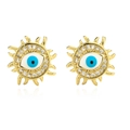 Pair of 18K gold plated evil eye stud earrings with blue enamel and zircon stones - 43738-Gold Blue Sunburst Eye