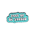 Mint green enamel metal pin with white yeet or be yeeted quote and black border - Yeet or be yeeted