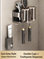 Space aluminum gun grey wall-mounted double cup holder with automatic toothpaste dispenser - Gun Grey Toothbrush Holder + 2 Cups + Toothpaste Squeezer