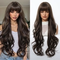 Detail view of long wavy dark brown wig with bangs showing natural hair texture and volume - Chocolate Brown