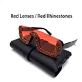 Square half-frame sunglasses with red tinted lenses and red sparkling rhinestones - Red Lens Red Rhinestone