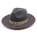 Dark grey wool fedora hat with red trim and golden embroidered geometric band - M (56-58cm) / Grey with Red Edge