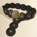 Detailed view of vintage bronze mandala buckle and black leather circles with eyelets - Bronze Black 115cm