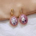 Baroque pearl earrings with purple stones and pink gemstone frame in gold finish - Pearl Pink Zircon Oval [C-40]